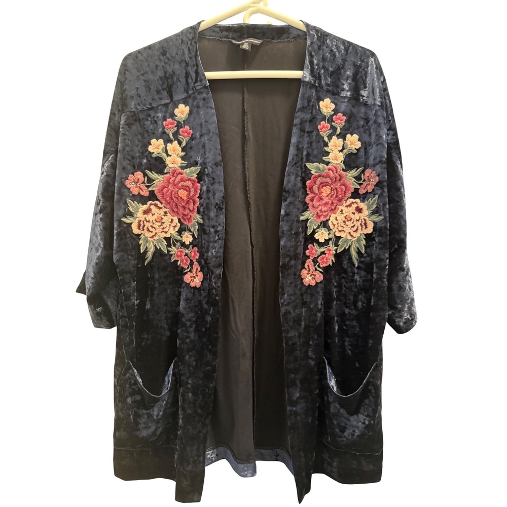 American Eagle Navy Crushed Velvet Floral Embroidered Kimono‎ Jacket XS/S